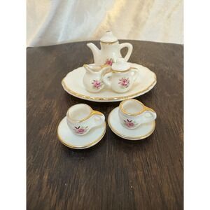 Miniature TOP MDSE Tea Set Floral Rose and Gold Trim Porcelain 10 Piece